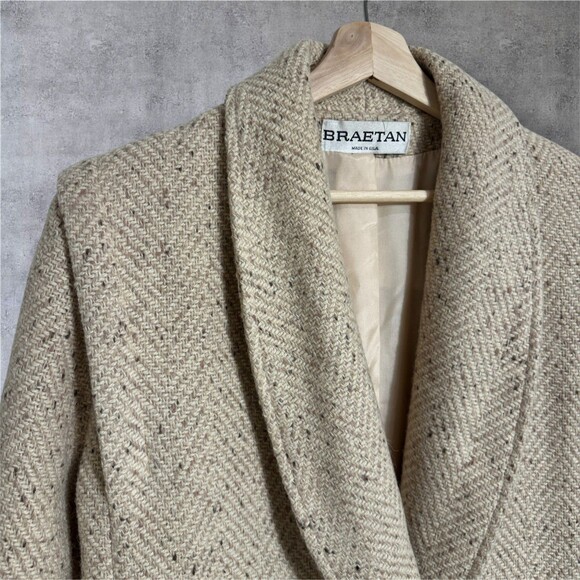 Womans Vintage BRAETAN Beige Wool Long Double Breasted OverCoat Topcoat MEDIUM - Picture 2 of 11